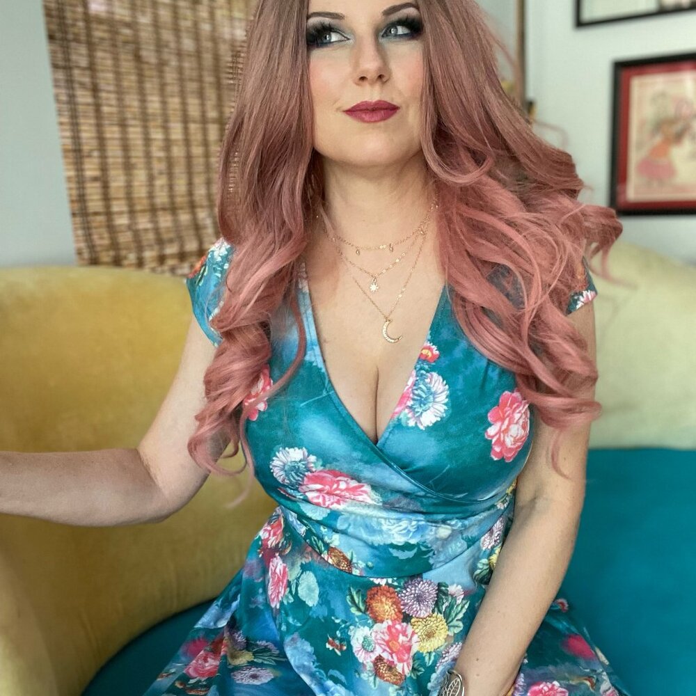 Pink Blue Floral Wrap Dress L Knee Length Comfy flowers dress